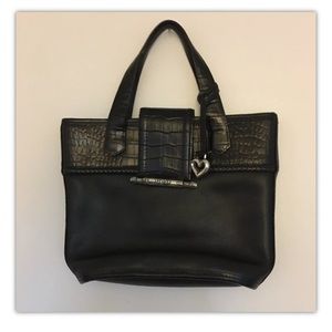 Brighton Handbag Purse Vintage Black Leather W Stamped Croc Style Accent Logo